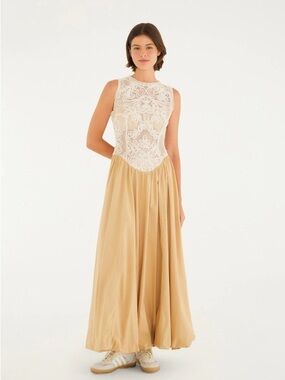 FARM Rio Beige Lace Bodice Maxi Dress Small Boho Cotton Blend